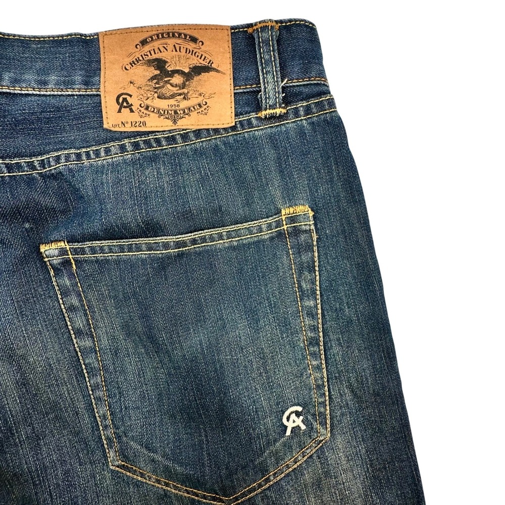 Christian Audigier Mens 32x32 Blue Wash Denim Jeans Distressed Logo
